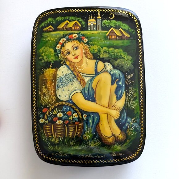 Vintage Russian USSR Signed Fedoskino Summer Lacquer Jewelry Trinket Box 5.5"x4" - Picture 4 of 12